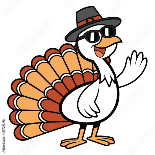 Cartoon turkey wearing a hat and sunglasses waves hello, isolated on a white background