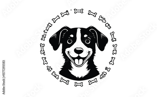 Happy Dog Face Vector – Floppy Ears in Bone Circle Line Art on White