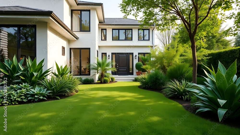 Fototapeta premium A modern white house with a green lawn and landscaping on a sunny day in a residential area