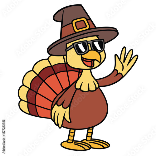 Cartoon turkey wearing sunglasses and pilgrim hat waves its wing on transparent background