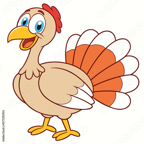 Cheerful cartoon turkey proudly displays its colorful feathers with a happy smile against white