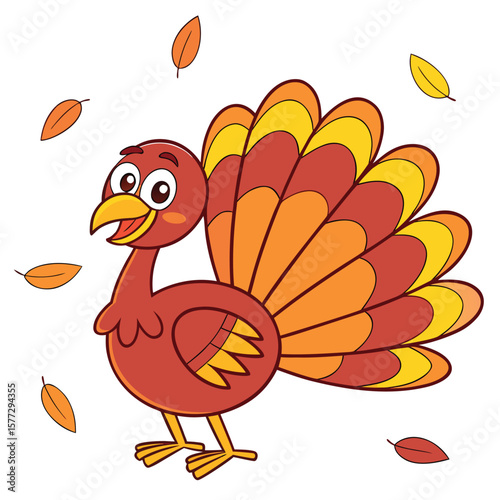 Cheerful cartoon turkey strides amid falling fall leaves on a white background