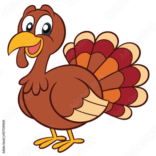 Cheerful turkey cartoon character smiles with fall themed feathers isolated on white background