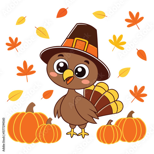 Cute turkey with pilgrim hat stands near pumpkins while autumn leaves fall around