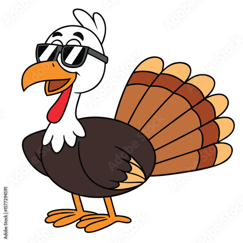 Cool cartoon turkey wears sunglasses while cheerfully celebrating with a white background