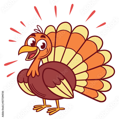 Delighted cartoon turkey stands cheerfully, boasting colorful plumage, on a pure white background
