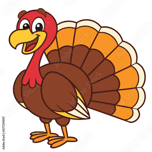 Happy cartoon turkey bird stands cheerfully with colorful feathers displayed on a white background