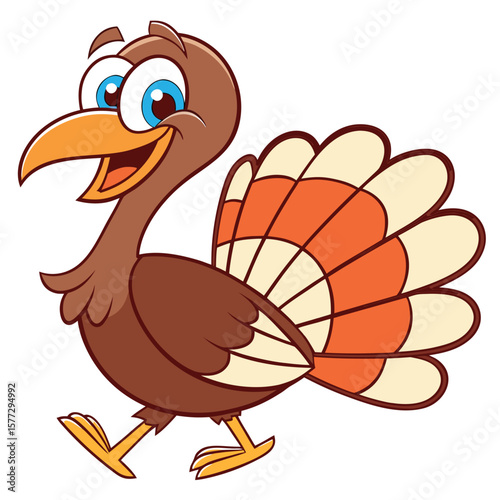 Joyful turkey cartoon character walks cheerfully with its vibrant feathers displayed on a white background