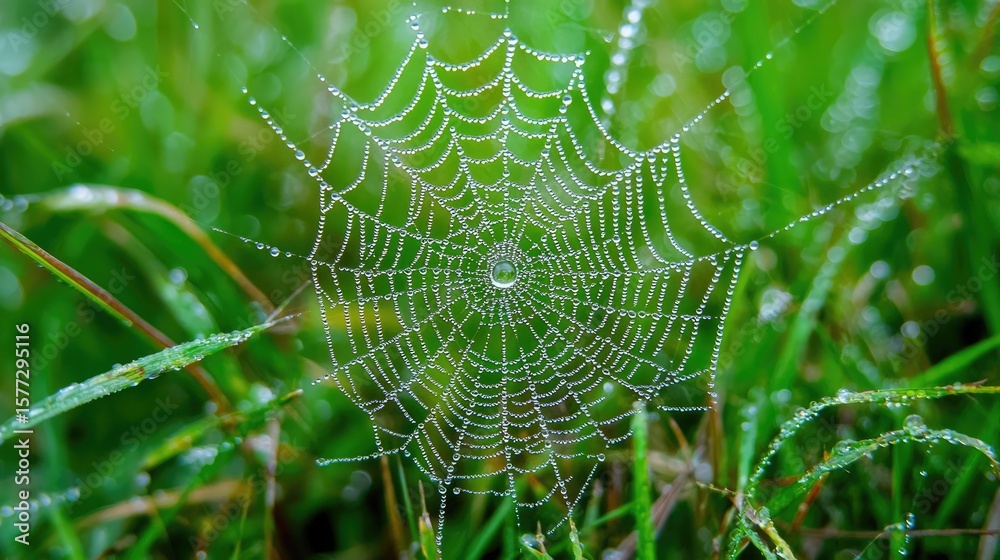 Dew-kissed spider web in vibrant green grass. Dew-kissed spider web in vibrant green grass.