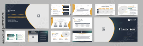 Pitch Deck or Presentation templates. Finance corporate booklet use flyer or leaflet, marketing banner, advertising brochure, annual business report, website slider. company profile vector