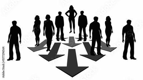 Silhouette figures standing on arrows pointing downward in a coordinated direction together forward