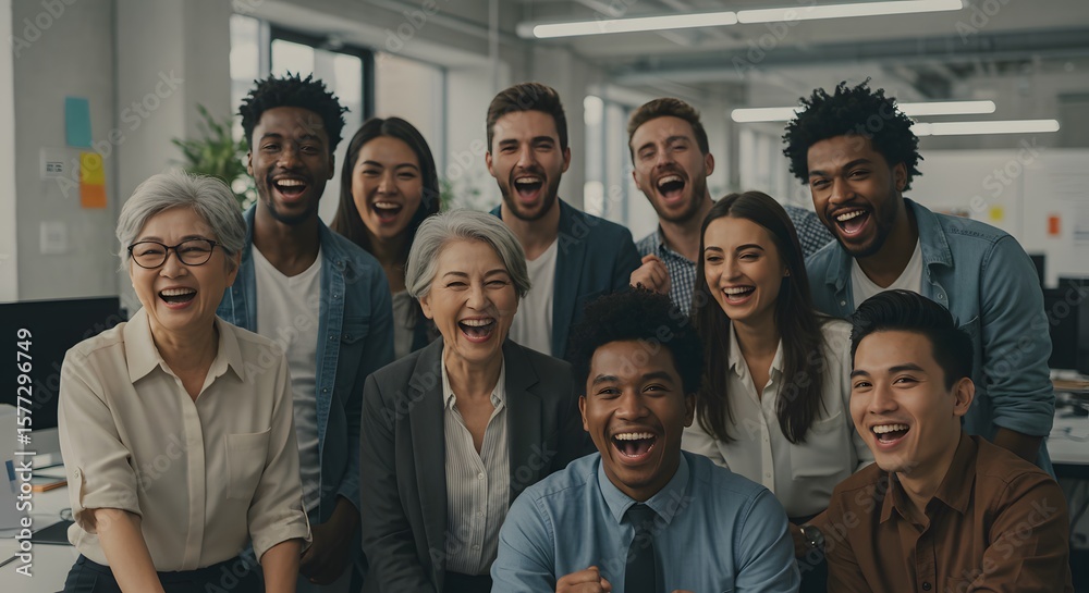 Obraz premium Diverse group of happy business colleagues posing for a team photo in an office.