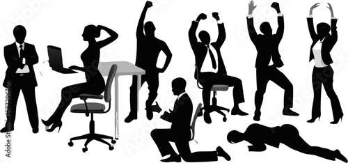 Silhouette of business people in various poses including sitting working and celebrating success