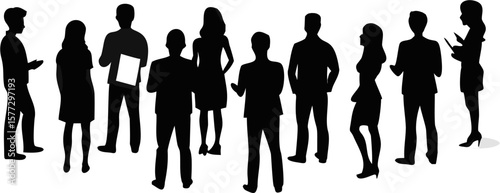 Silhouette of a group of people standing together in a business setting with various poses and positions