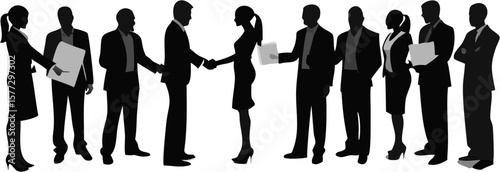 Silhouette of business people meeting and shaking hands with documents in a row on white background
