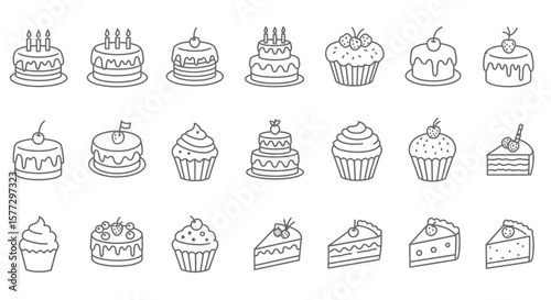 Cake line icon set. Vector pictograms of birthday cakes, wedding, cupcakes, pastry dessert, cheesecake thin linear illustration.

