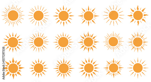 15 Hand drawn suns with sketch design on white background, vector illustration
