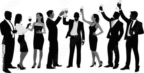Silhouette of a group of people celebrating with drinks in a formal setting with a white background