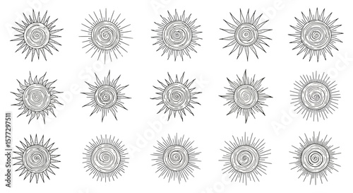 15 Hand drawn suns with sketch design on white background, vector illustration
