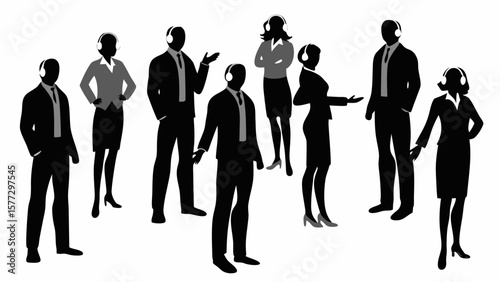 Silhouette of a group of business people wearing headsets in a professional setting and standing together