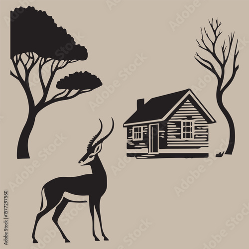 Black silhouette of antelope near wooden cabin and trees