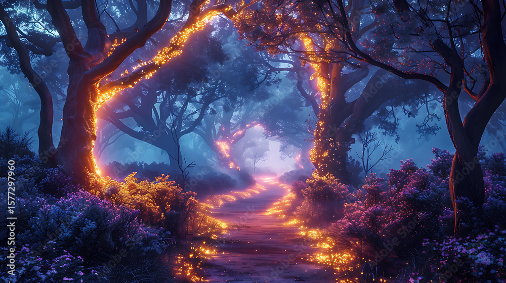 Fototapeta premium Enchanting forest pathway with glowing magical lights