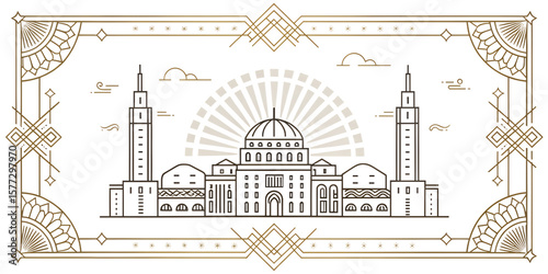 Art Deco Style Illustration of a Mosque or Cultural Center Framed with Ornate Borders and Geometric Details