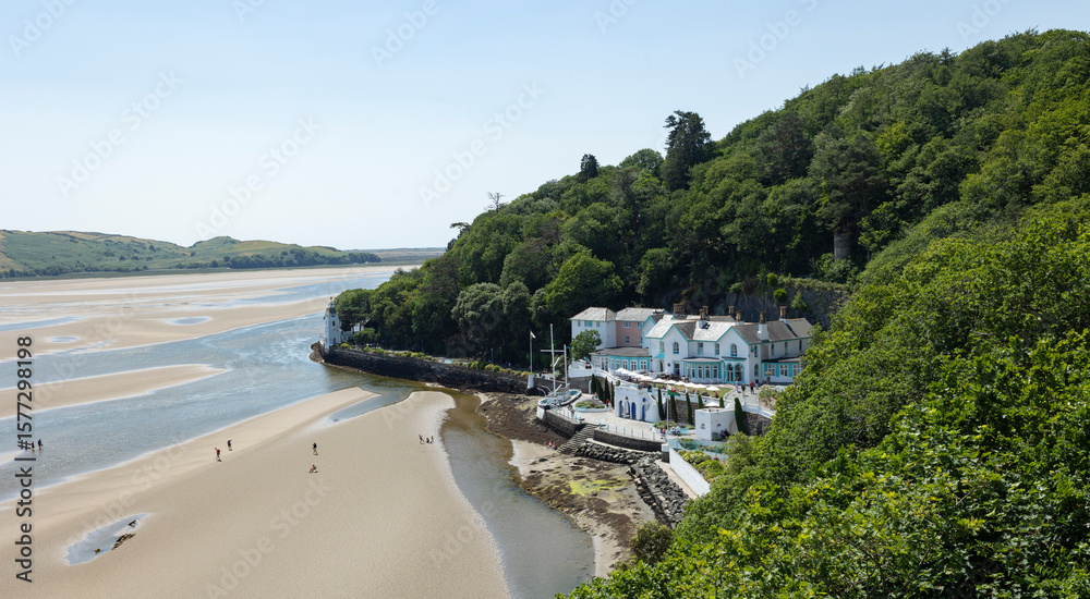 Fototapeta premium Portmeirion village nestled in woodland on the estuary of the River Dwyryd in North Wales.
