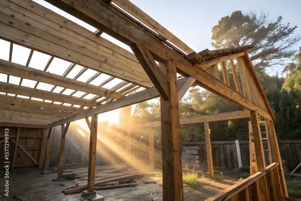 Fototapeta premium Unfinished frame house. Building process on construction site