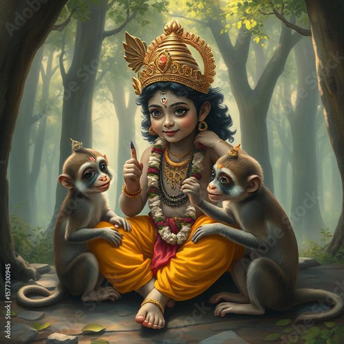 Krishna con sus amigos monos, adorables, en el bosque