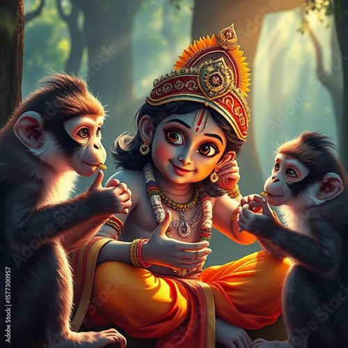 Krishna con sus amigos monos, adorables, en el bosque