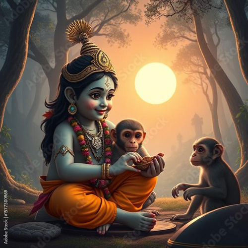 Krishna con sus amigos monos, adorables, en el bosque