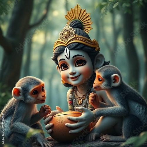 Krishna con sus amigos monos, adorables, en el bosque