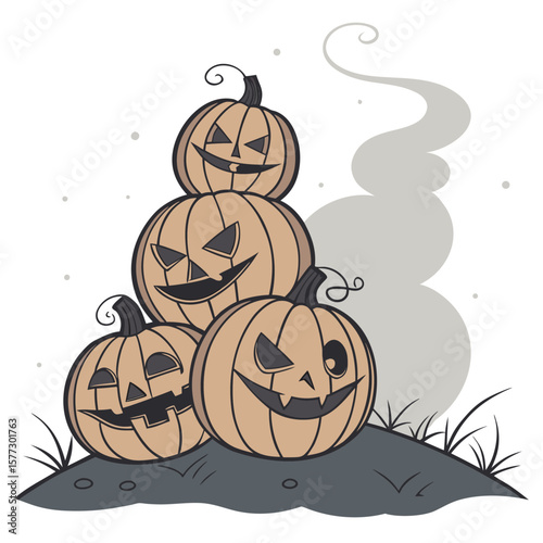 A spooky tower of four carved jack o lanterns with grinning faces and swirling smoke behind them on a dark mound of earth