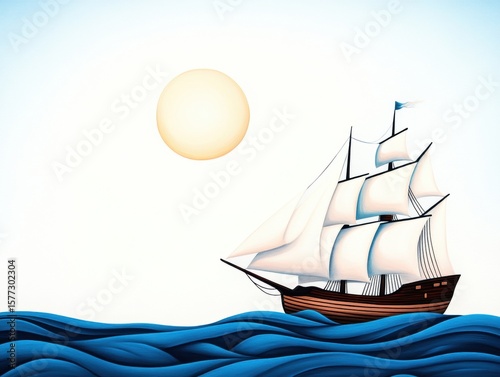 Sailing ship on azure ocean, sunlit sky