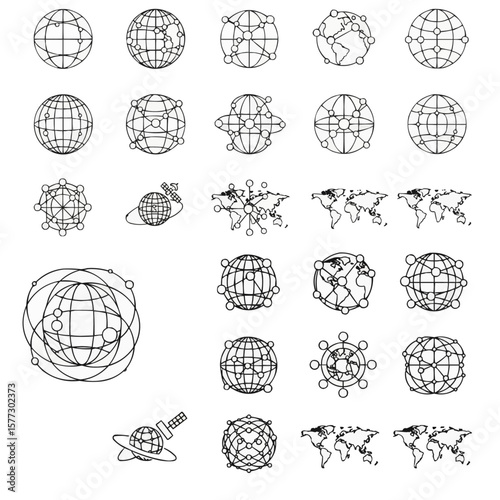 Collection of minimalist globe and network icons, illustrating global connectivity and communication.