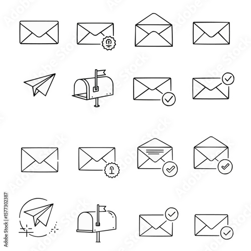 Collection of simple line drawings depicting mail, envelopes, and mailboxes.