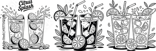 Citrus Mint Drink Set, Hand-Drawn Summer Beverage Vector Collection.

