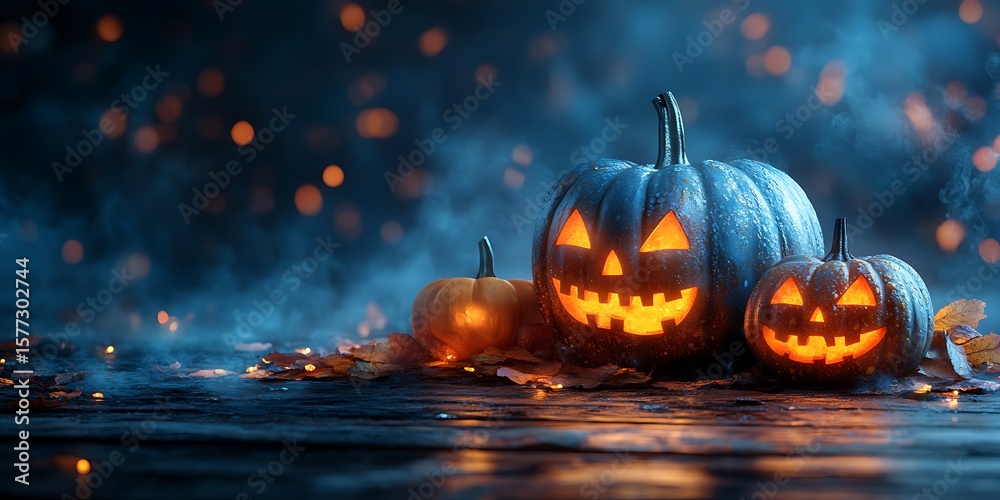 Spooky carved pumpkins glow with eerie light, casting shadows on a damp surface for a Halloween night celebration Spooky carved pumpkins glow with eerie light, casting shadows on a damp surface for a Halloween night celebration