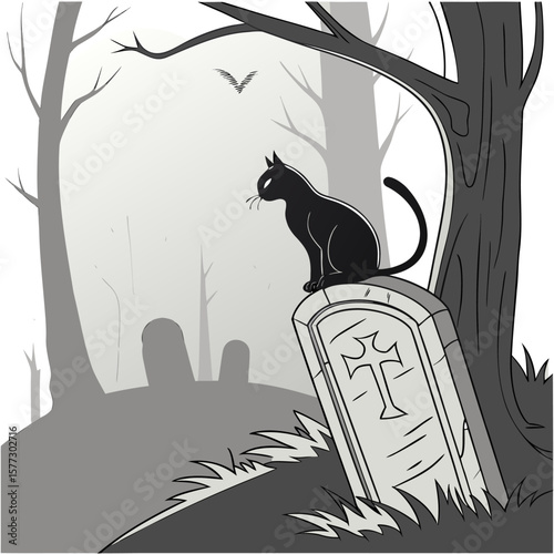 A spooky black cat sits perched on a weathered tombstone in a foggy graveyard with bare trees and a distant bird silhouette