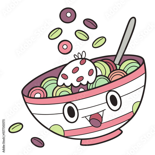 A cheerful cartoon bowl of colorful cereal and a scoop of ice cream with a spoon and scattered cereal pieces falling from above