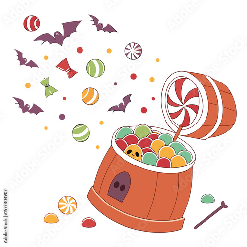 Whimsical halloween scene with a overflowing candy bucket flying bats and scattered colorful candies creating a festive and playful holiday atmosphere