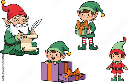 Cute Christmas elves with gifts and Santa scroll, cartoon illustration, holiday characters, festive helpers for Christmas greeting card design