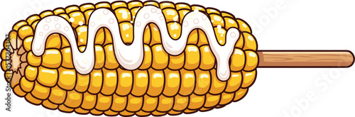 Delicious cartoon corn on the cob with mayonnaise topping, street food snack, grilled corn vector for food-themed illustration design