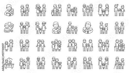 Family and Parenting Line Icon Set – Couples, Single Parents, Children, Baby, Teenager, Elderly Vector Illustration

