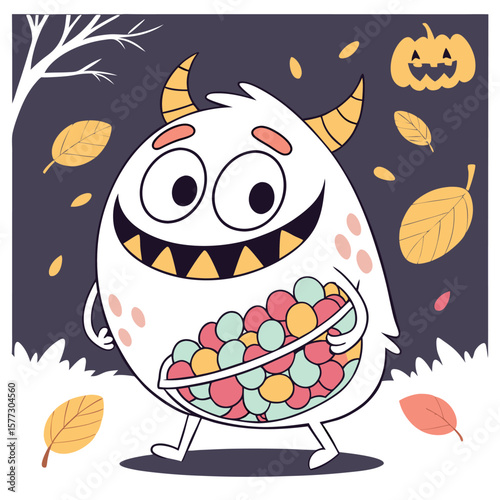 A cheerful white cartoon monster with yellow horns and a wide grin carries a bowl overflowing with colorful candies during autumn with falling leaves and a jack o lantern