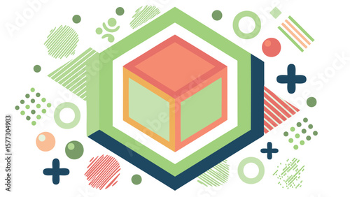 Geometric composition featuring a central cube surrounded by various shapes and a hexagon border design