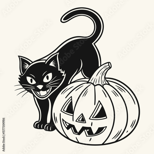 A scary grinning black cat peers from behind a Halloween pumpkin, looking mischievous