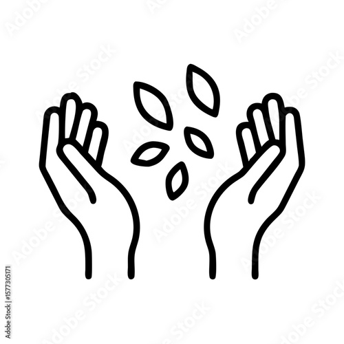 Open hands with seeds depicted as minimalist icon on white background. Open hands scattering seeds represent growth and potential, offering opportunities.