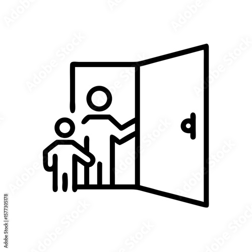Open door with people entering, represented by a simple line drawing, provides a welcoming entrance. Open door showcases two figures, symbolizing accessibility and new opportunities.